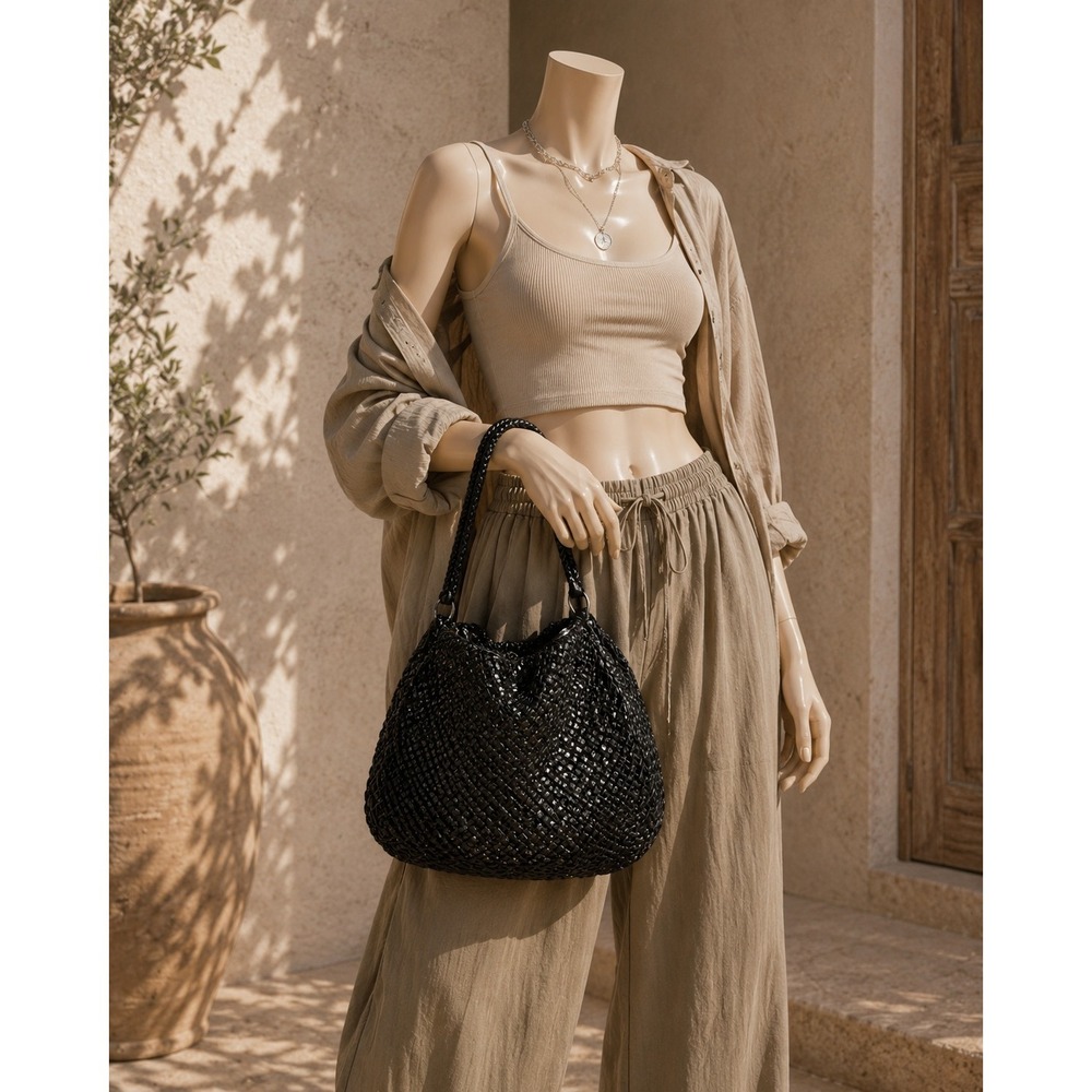 Woven Black Sequin Hobo Shoulder Bag Braided Straps Metallic Lattice Medium